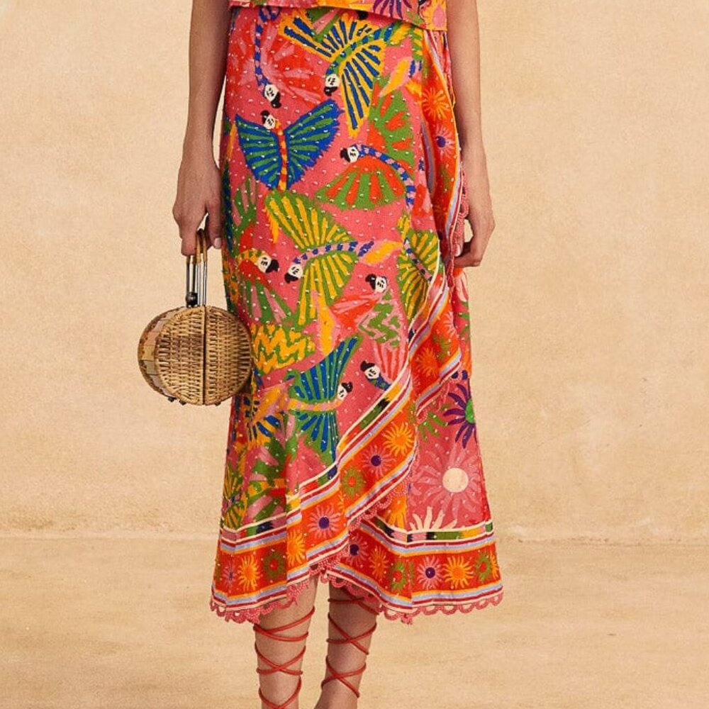 Coral Mixed Graphic Macaws Midi Skirt